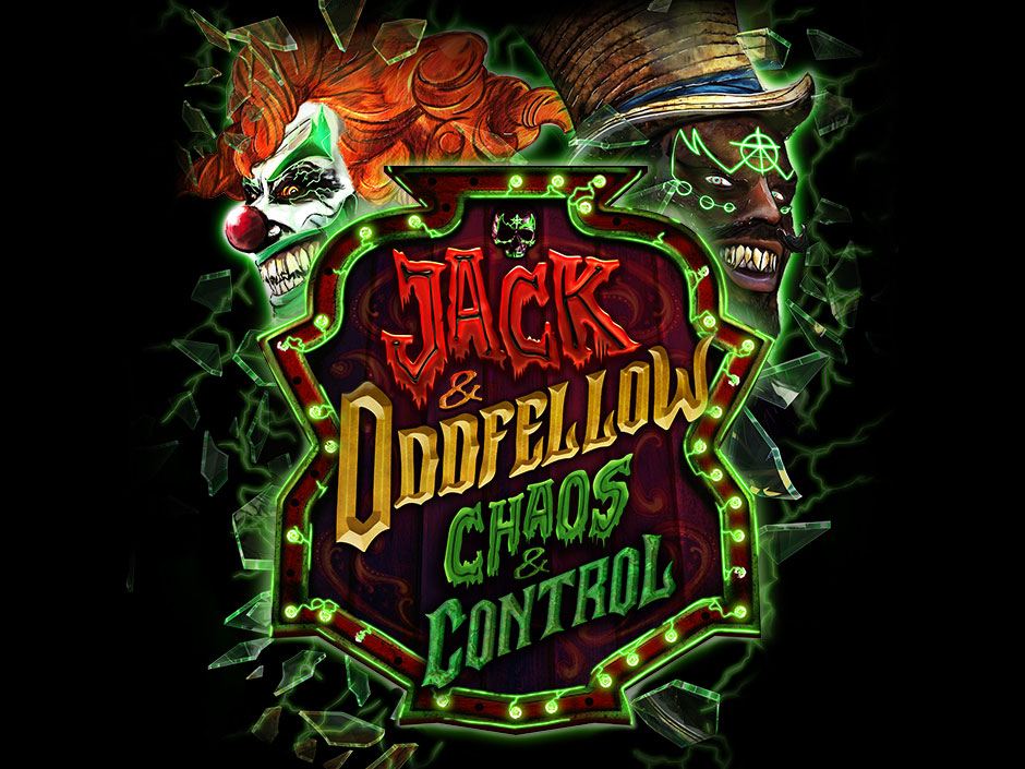 Arte oficial do Halloween Horror Nights 35 com os ícones Jack, the Clown e Dr. Oddfellow